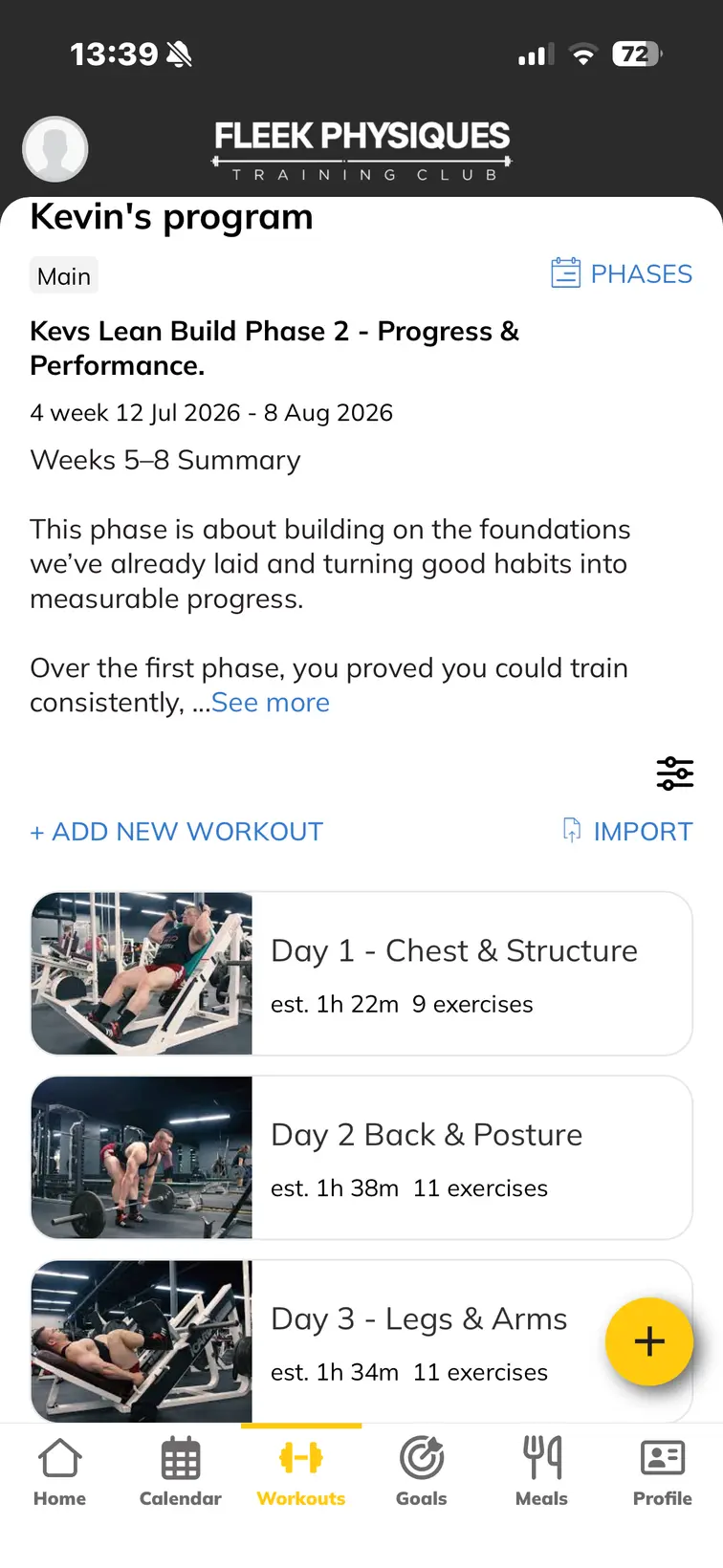 Personalised training programme inside the Fleek Physiques app